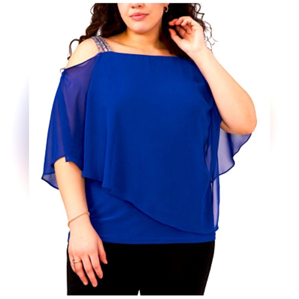 NWT‎ MSK Chiffon Drape Rhinestone-Strap Blue Blouse Women’s Size Medium